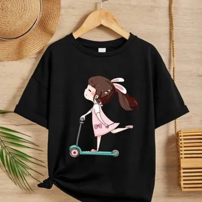 Djevojčica crni bisiklet vrat tiskani T-shirt 1