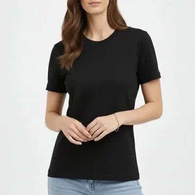 Damski czarny regular T-shirt z dekoltem w serek, krótki rękaw, gładki 4