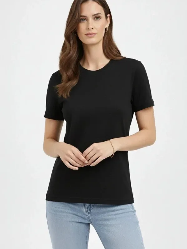 Damski czarny regular T-shirt z dekoltem w serek, krótki rękaw, gładki 4