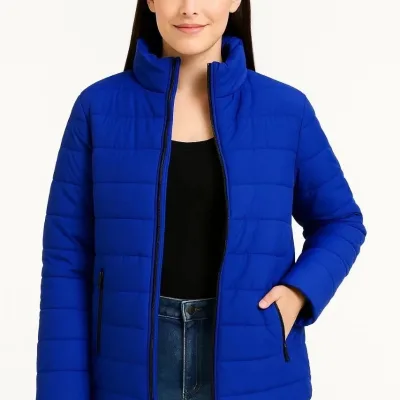 Women's Sax Blue Water-Repellent Quilted Lined Zippered Bomber Jacket 5