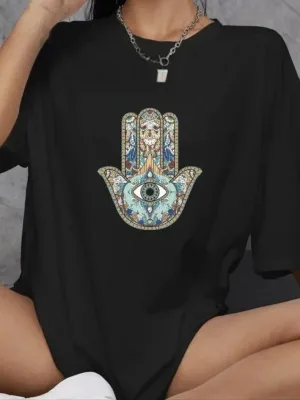 Женски Црн Oversize Бициклета Јака Печатена Секојдневна Маица