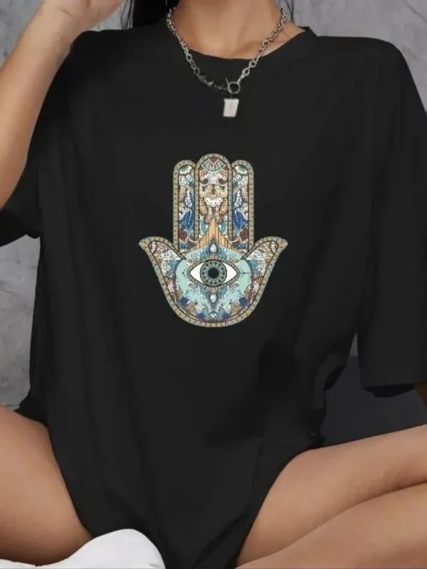 Женски Црн Oversize Бициклета Јака Печатена Секојдневна Маица 1