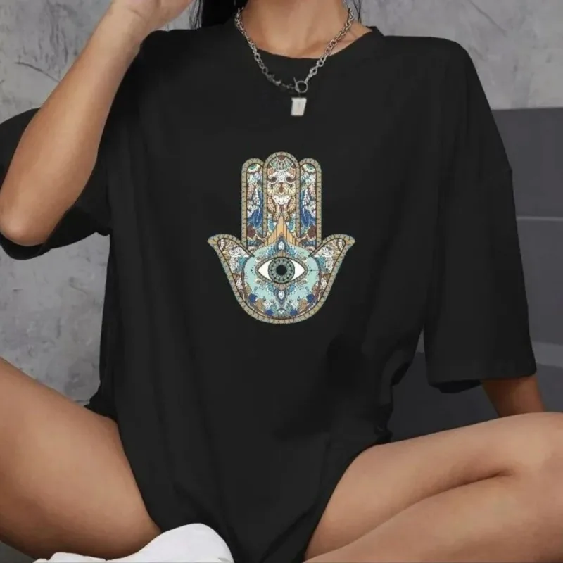Женски Црн Oversize Бициклета Јака Печатена Секојдневна Маица