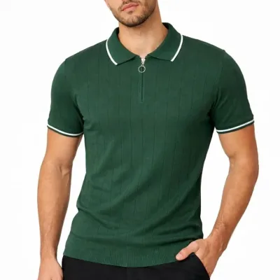 T-Shirtê Mêran ê Koma 3'yî Bi Zîp û Stûyê Polo Ji Trikoyê 8