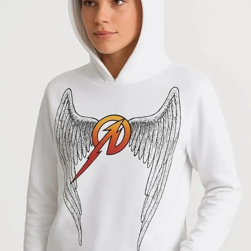 Męski Biały Kaptur Przód Tył Nadruk Dwunitkowy Sweatshirt