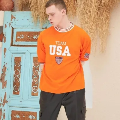 Машки портокалов oversize велосипед јака везена маица 2