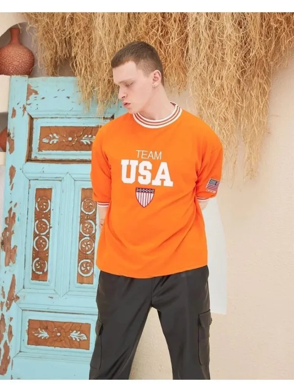 Машки портокалов oversize велосипед јака везена маица 2