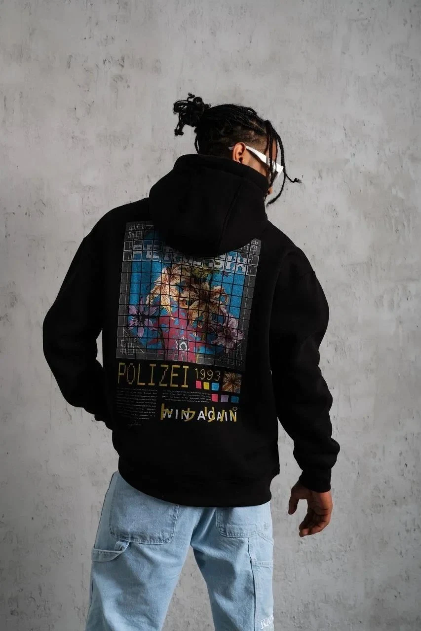 Muški crni oversize 3-niti pamučni s kapuljačom tiskani sweatshirt