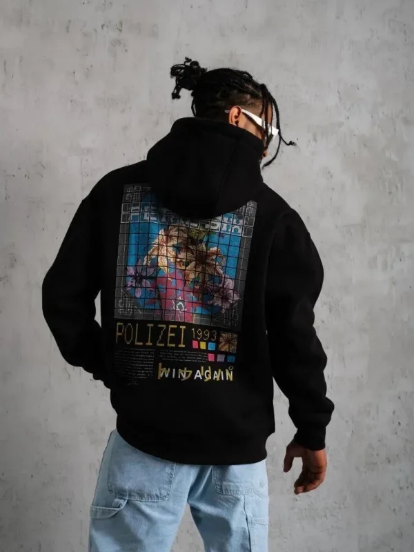 Muški crni oversize 3-niti pamučni s kapuljačom tiskani sweatshirt 1