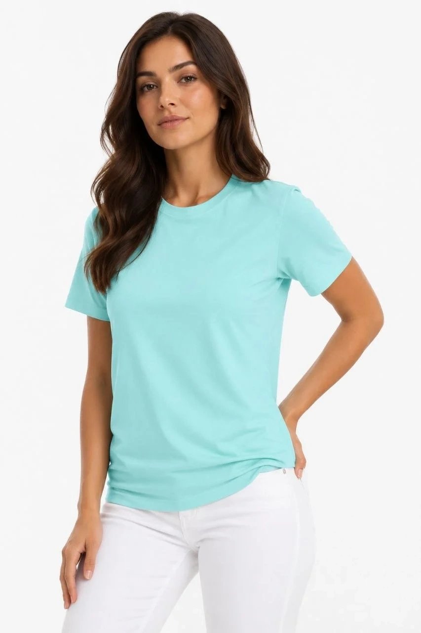 Γυναικείο Τιρκουάζ Slim Fit Ποδήλατο Λαιμό Λίκρα Basic Τ-Shirt