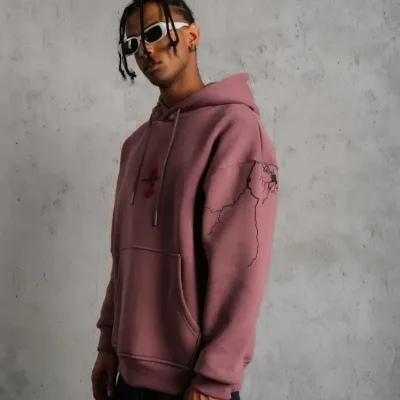 Férfi Rózsaszín 3 Szálas Pamut Kapucnis Nyomtatott Zsebes Sweatshirt 2