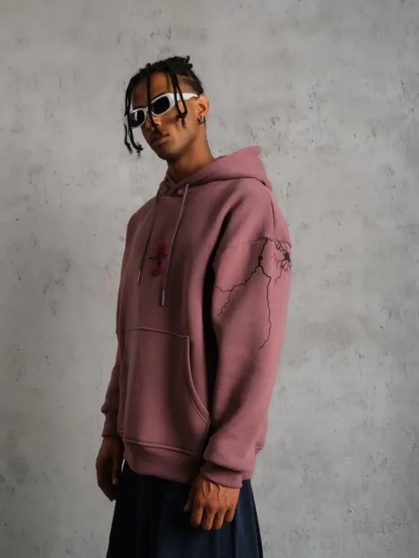 Férfi Rózsaszín 3 Szálas Pamut Kapucnis Nyomtatott Zsebes Sweatshirt 2
