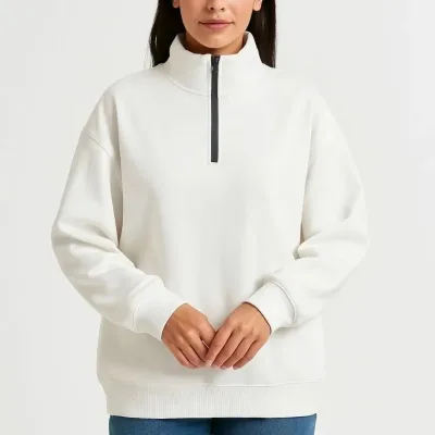 Női Fehér Félcipzáras Állógalléros 3 Szálas Pamut Sweatshirt 5