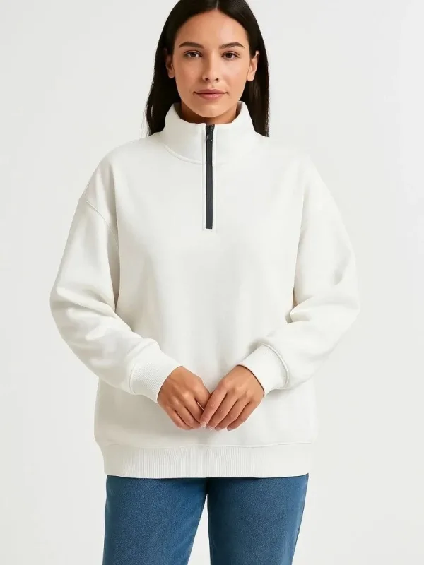 Női Fehér Félcipzáras Állógalléros 3 Szálas Pamut Sweatshirt 5