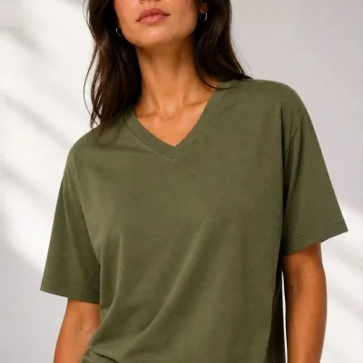 Femeie Khaki Regular Decolteu V Mânecă Scurtă Tricou Basic 1