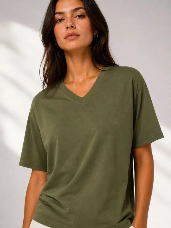 Femeie Khaki Regular Decolteu V Mânecă Scurtă Tricou Basic 1