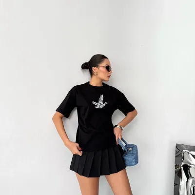 Ženska crna oversize biciklistička kragna s printom 4