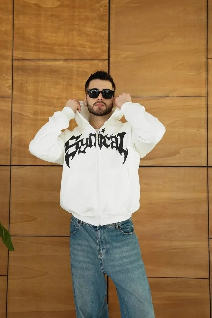 Barbat Alb Oversize Fermoar Glugă Imprimeu Bumbac Sweatshirt