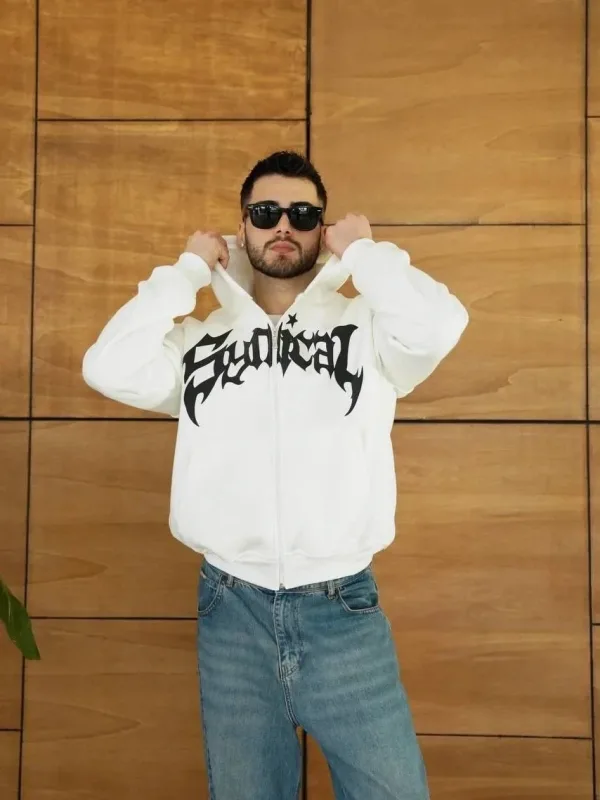 Barbat Alb Oversize Fermoar Glugă Imprimeu Bumbac Sweatshirt 1