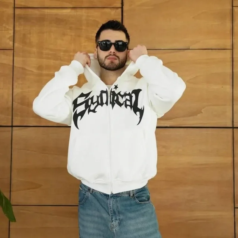 Kişi Ağ Oversize Fermuarlı Başlıqlı Çap Şardonlu Svitshot