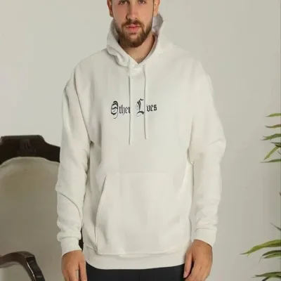 Férfi fehér 3 szálas pamut kapucnis nyomott kenguru zsebes sweatshirt 2