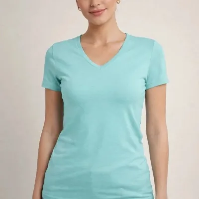 Damski turkusowy slim fit T-shirt z dekoltem w serek, elastyczny, podstawowy 4