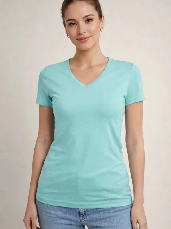 Damski turkusowy slim fit T-shirt z dekoltem w serek, elastyczny, podstawowy 4