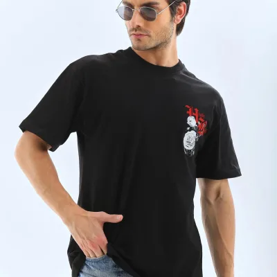 Ανδρικό Μαύρο Oversize Ποδηλατόλαιμο Τυπωμένο T-shirt 3