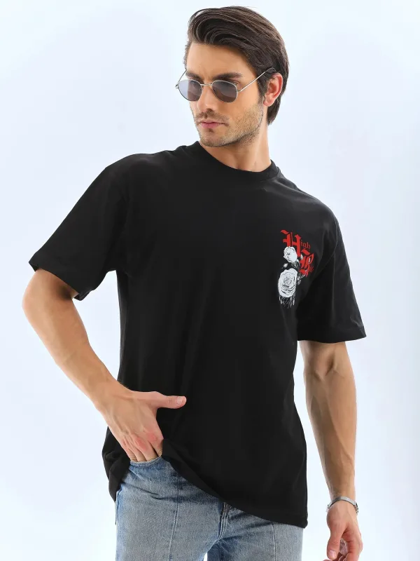 Ανδρικό Μαύρο Oversize Ποδηλατόλαιμο Τυπωμένο T-shirt 3