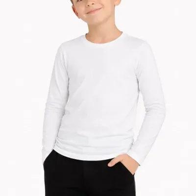 Detské Biele Basic Dlhý Rukáv Voľné Školské Tričko 1