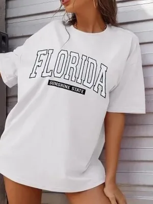 Damski Biały Koszulka z Nadrukiem Florida i Dekoltem w Serek
