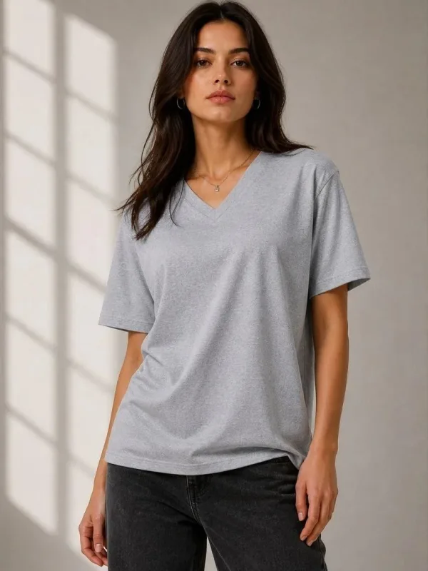 Femeie Gri Regular Decolteu V Mânecă Scurtă Tricou Basic 1