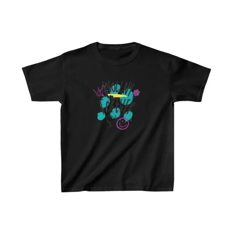 Tricou pentru copii, negru, oversized, cu imprimeu, guler tip bicicletă