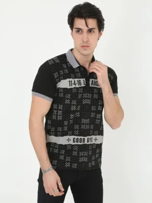Muški crni slim fit s printom polo ovratnik kratki rukav majica
