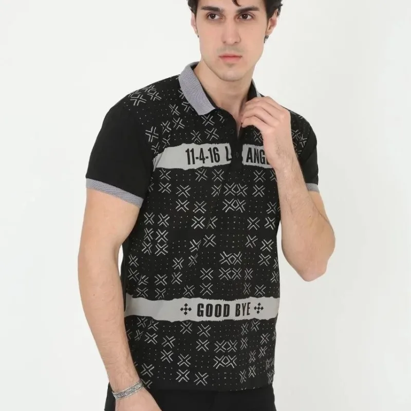 Muški crni slim fit s printom polo ovratnik kratki rukav majica