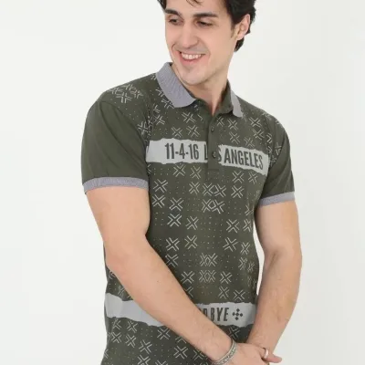 Pánske kaki slim fit polo tričko s potlačou, krátky rukáv 4