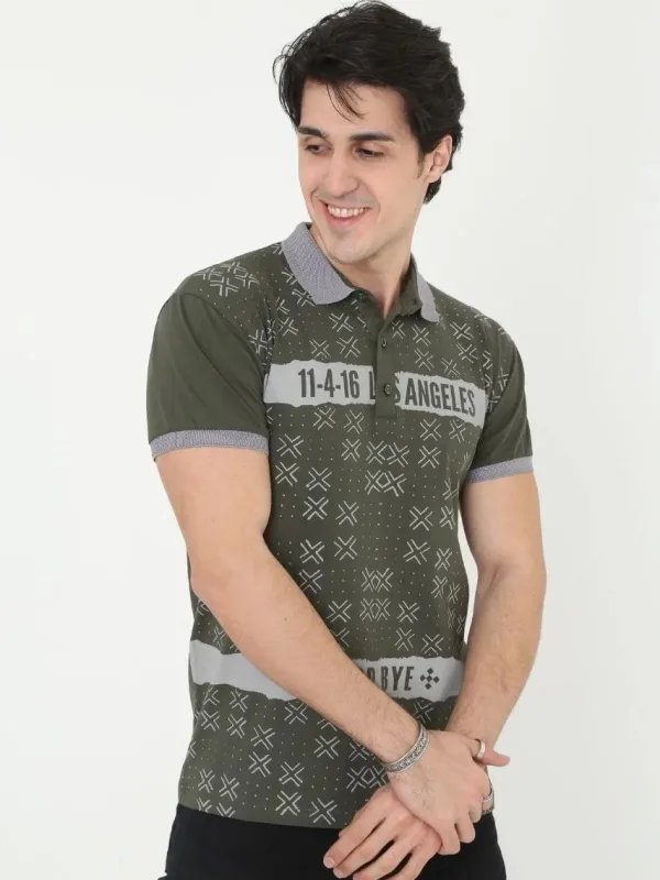 Pánske kaki slim fit polo tričko s potlačou, krátky rukáv 4