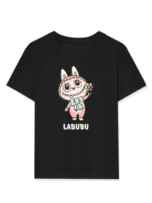 Devojačka crna Labubu štampana oversize majica