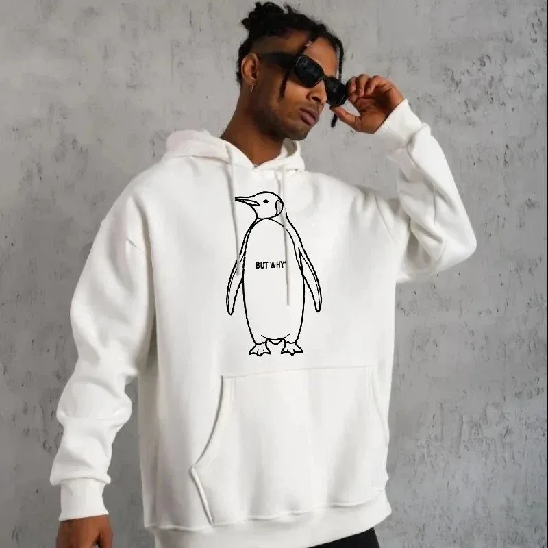 Férfi fehér 3 szálas pamut kapucnis pingvin nyomott sweatshirt