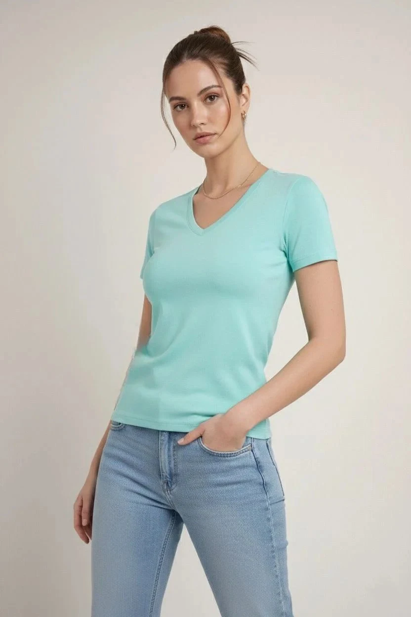 Damski turkusowy slim fit T-shirt z dekoltem w serek, elastyczny, podstawowy