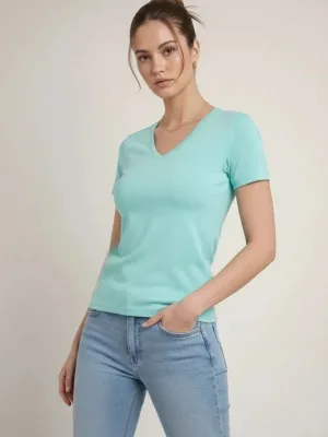 Damski turkusowy slim fit T-shirt z dekoltem w serek, elastyczny, podstawowy