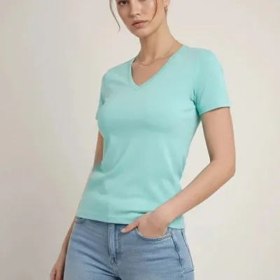 Damski turkusowy slim fit T-shirt z dekoltem w serek, elastyczny, podstawowy 1