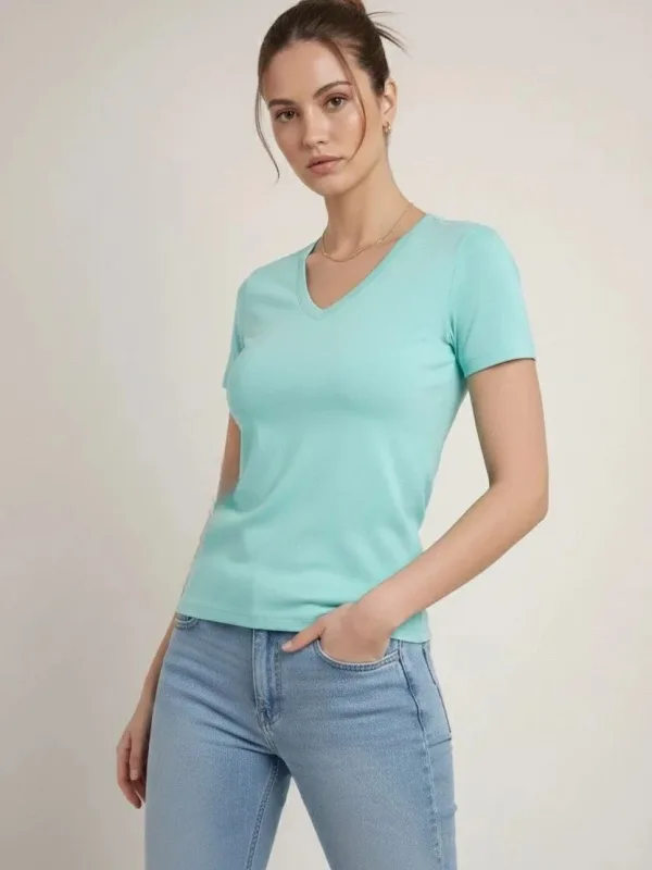 Damski turkusowy slim fit T-shirt z dekoltem w serek, elastyczny, podstawowy 1