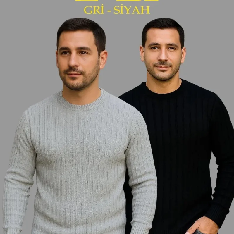 Kişi 2'li Set Fitilli Qalın Pambıqlı Regular Bisiklet Yaka Triko Kazak