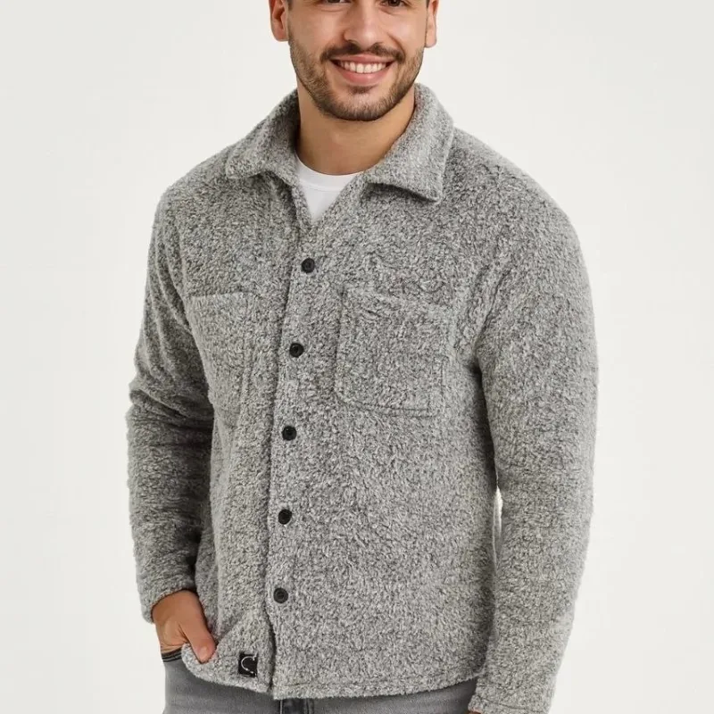 Men's Gray Shirt Collar Plush Polar Buttoned with Pockets Cardigan
