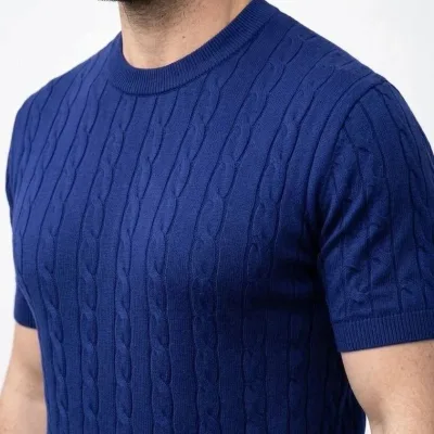 Men's Navy Bicycle Neck Knit Patterned T-Shirt 1