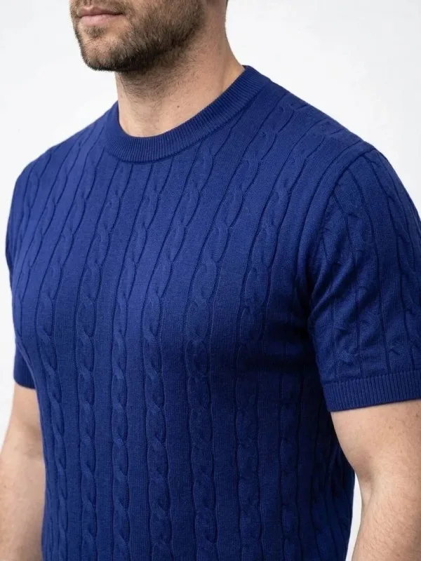 Men's Navy Bicycle Neck Knit Patterned T-Shirt 1
