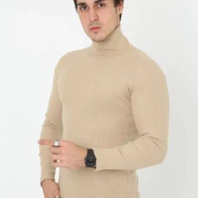 Pánské béžové slim fit lycrové žebrované rolák body 2