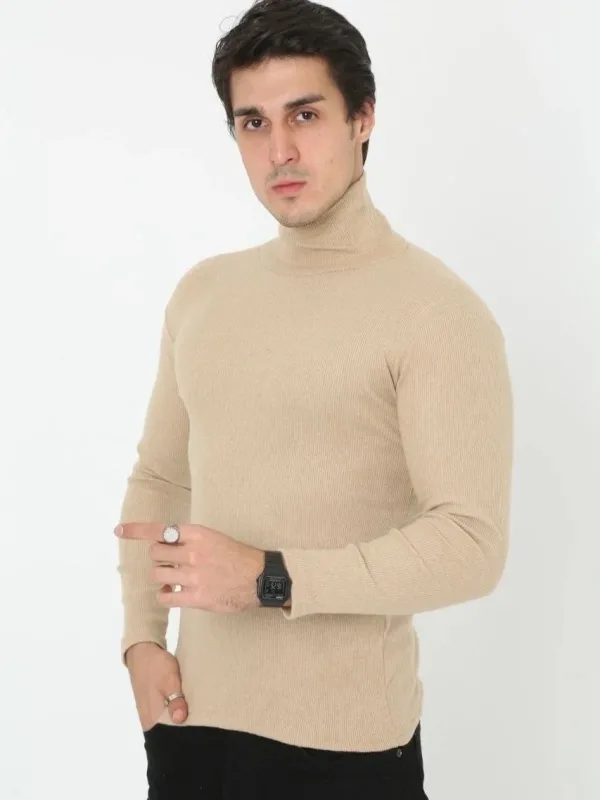 Pánské béžové slim fit lycrové žebrované rolák body 2