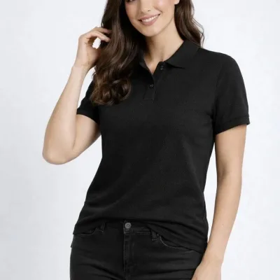 Qadın Qara Regular Fit Pike Parça Qısa Qol Polo Yaxalı Köynək 1